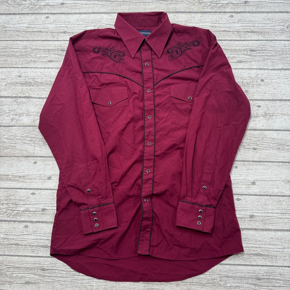 MWG Apparel Shirt Men's 15.5 Burgundy Pearl Snap Long Sleeve Embroidered Western